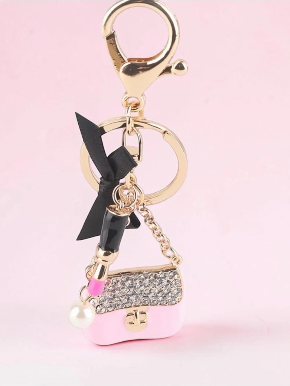 Pink Rhinestone Mini Purse Bag Charm Keychain Black Bow Lipstick Pearl NIP